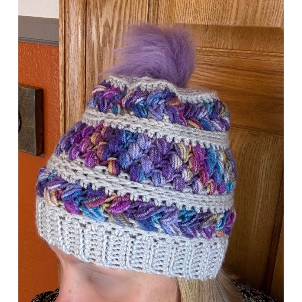 Handmade Crochet Beanie Gray Purple Variegated Faux Fur Pom Pom Winter Hat